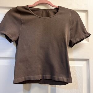Brown Fitted Crop T-shirt with Crew Neck and Short Sleeves